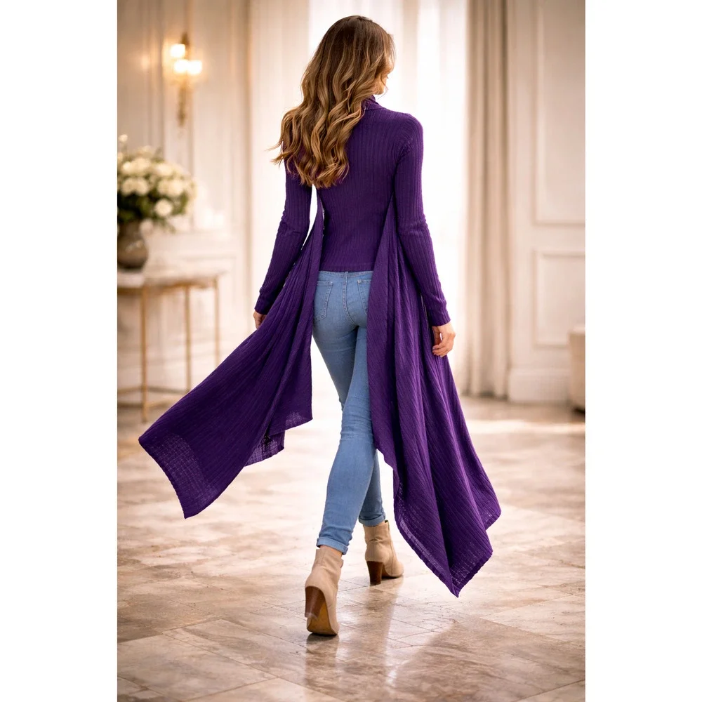 Designer Merino Wool Cashmere Sculpted Front-Drape Wrap Top - Picture 6 of 16